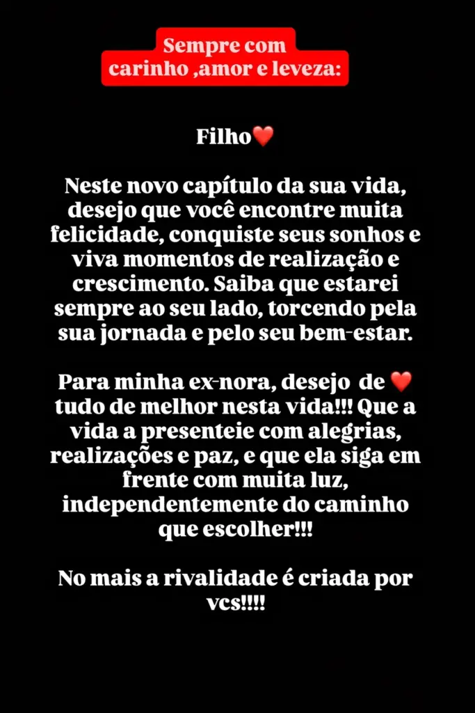 Mãe de Zé Felipe publica carta aberta ao filho e à Virginia Fonseca, sua ex-nora