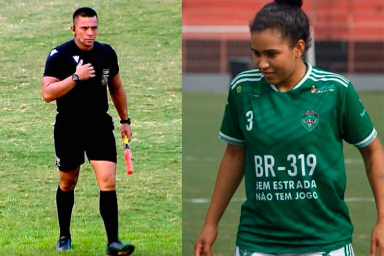 Hugo Agostinho Chaves da Paixão, árbitro do Amazonas, e Joice de Souza dos Santos, zagueira do Manaus FC (Fotos: Reprodução)