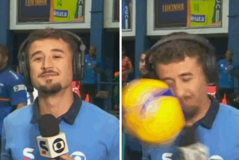 Bolada ao vivo! Repórter é atingido por bola em transmissão da Superliga Bolada ao vivo! Repórter é atingido por bola em transmissão da Superliga