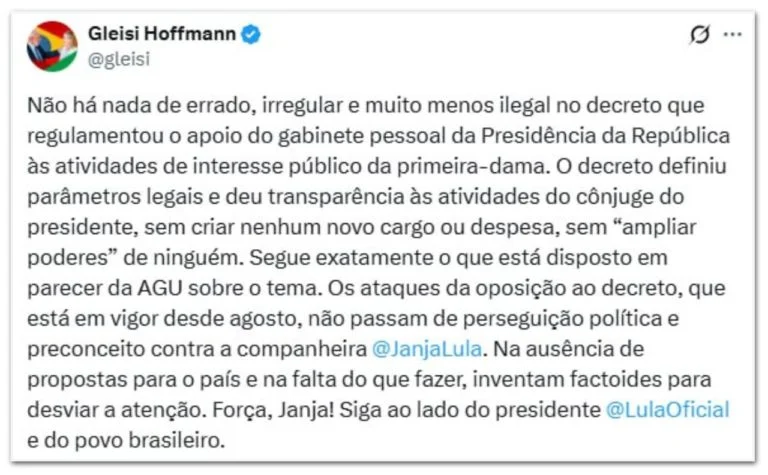 Gleisi Hoffmann defende decreto de Lula que amplia poderes de Janja: “Não há nada de errado nem ilegal”