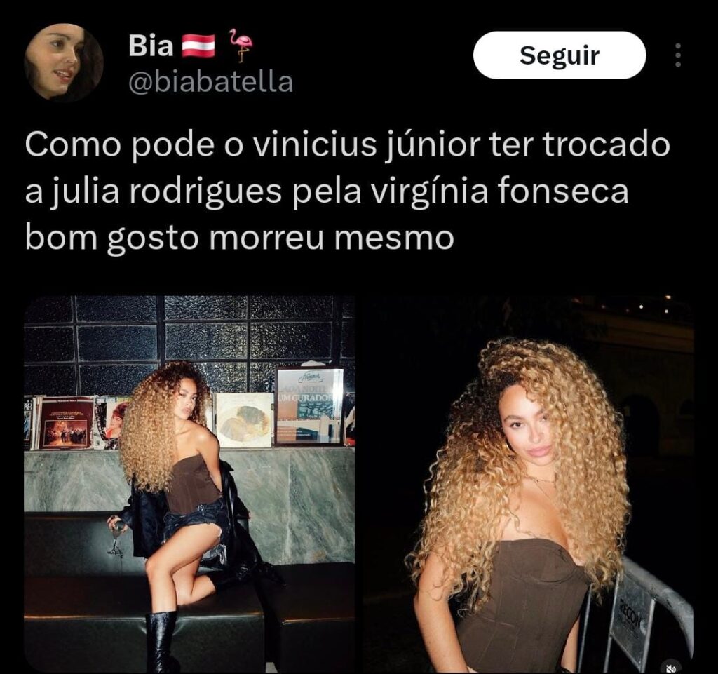 Ex-affair de Vini Jr. pede 'respeito' após ser comparada com Virginia