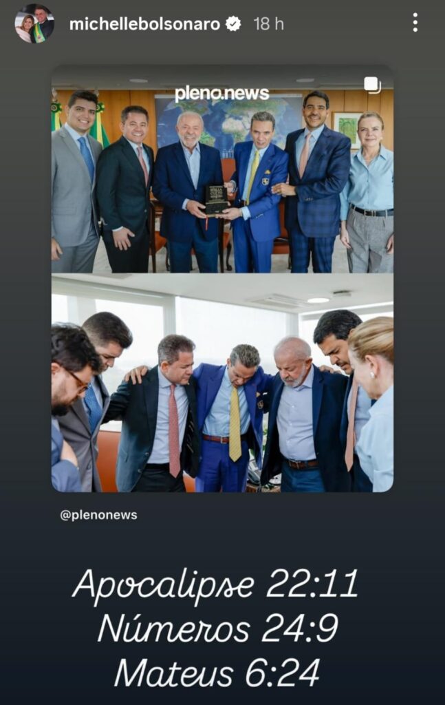 Michelle Bolsonaro reage à foto de Lula com evangélicos e alfineta com versículos bíblicos