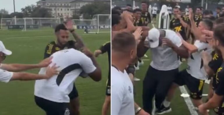 Neymar e elenco do Santos aplicam trote em segurança por bolada em Mavie Neymar e elenco do Santos aplicam trote em segurança por bolada em Mavie