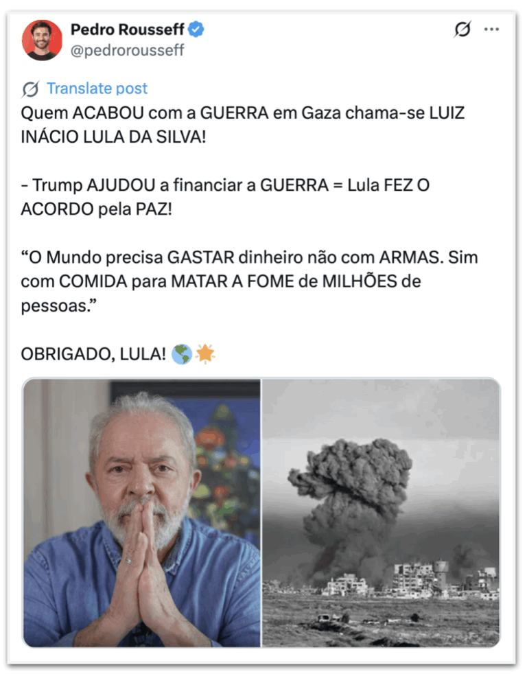 Sobrinho de Dilma diz que Lula, e não Trump, foi responsável pelo fim da guerra em Gaza