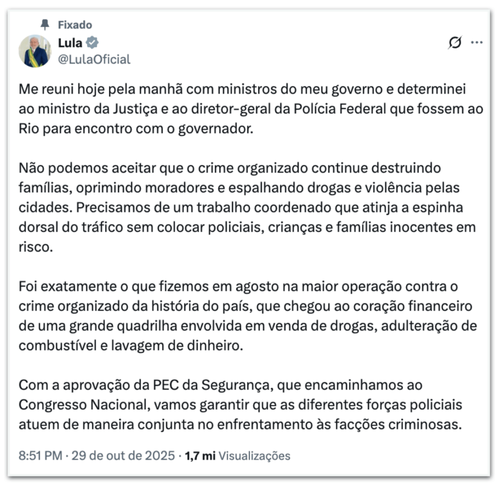 Lula se manidfesta sobre megaoperação no Rio