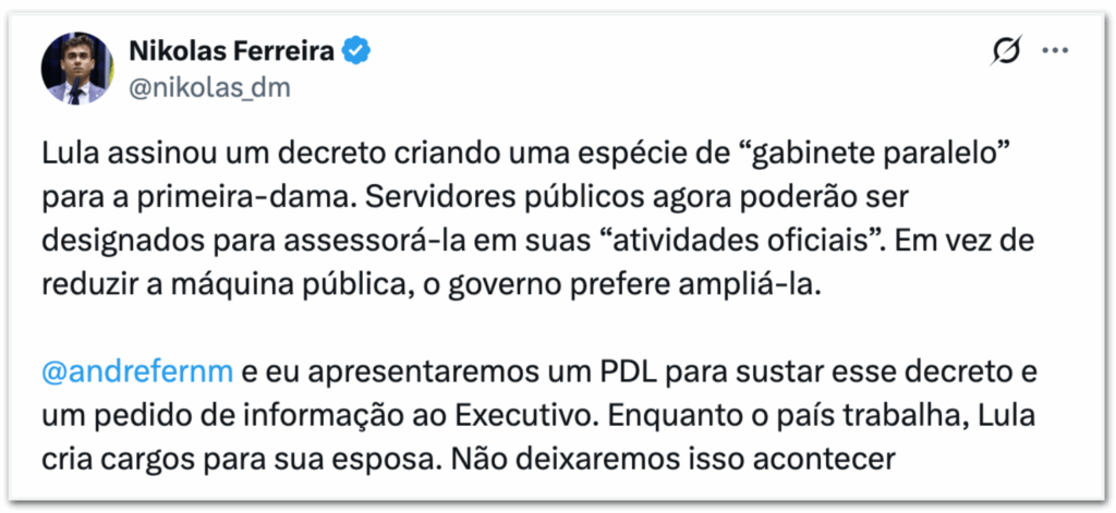 Nikolas Ferreira vai apresentar projeto para anular decreto que beneficia Janja