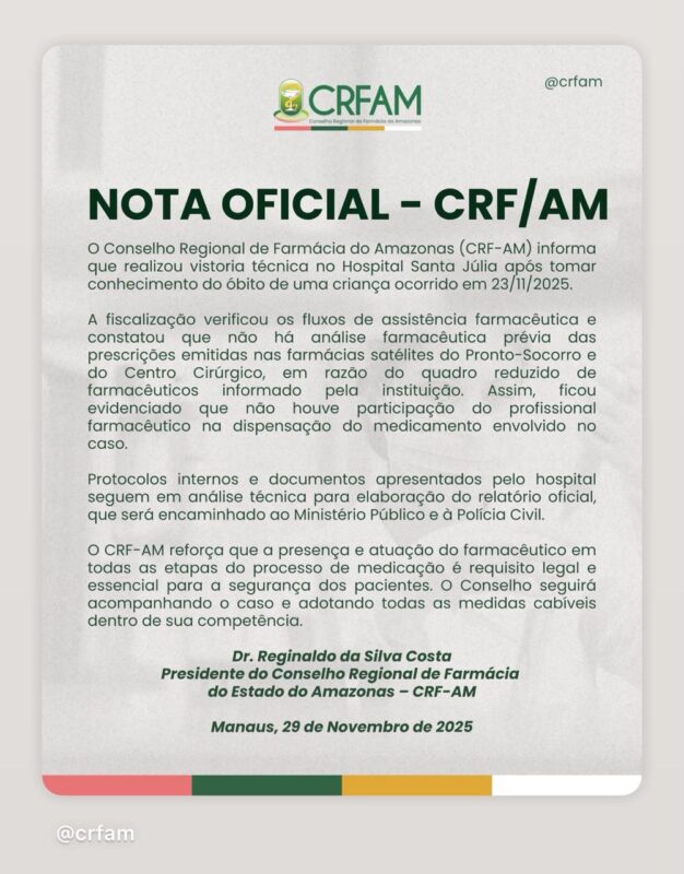 Caso Benício: Vistoria do CRF revela falhas e falta de farmacêuticos no Hospital Santa Júlia