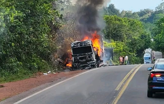 Caminhão pega fogo próximo à Reserva Indígena na BR-174