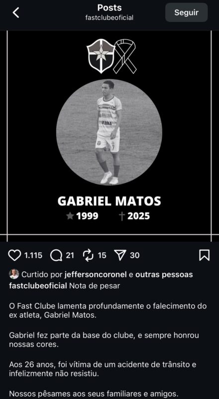 Fast lamenta morte de ex-atleta de base em acidente de moto em Manaus