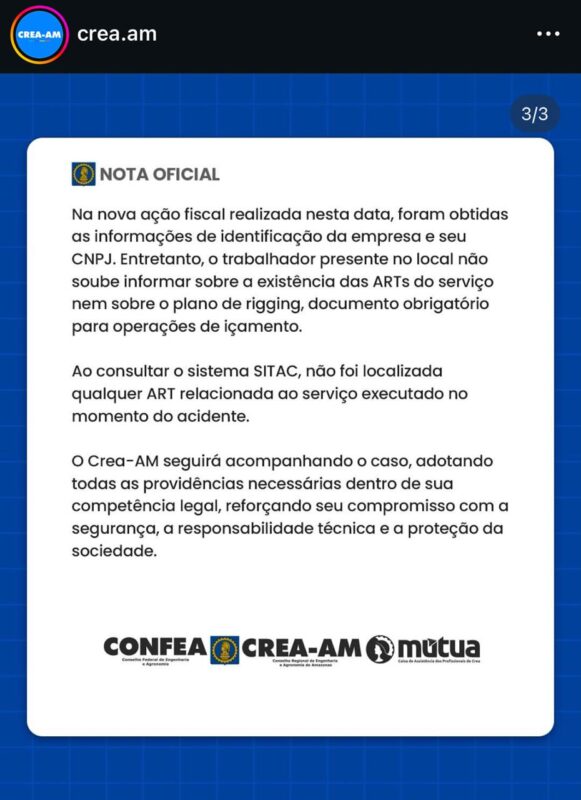 Crea-AM aponta série de irregularidades em empresa responsável por guindaste que tombou e matou trabalhador em Manaus