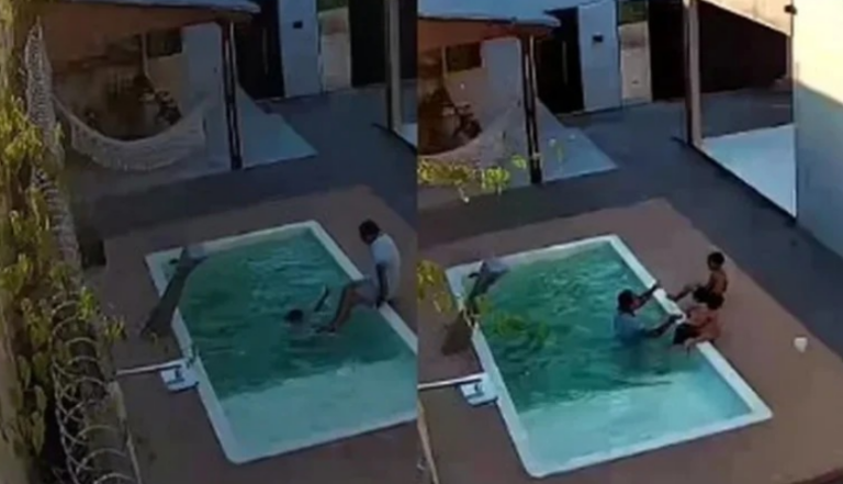 Pai se joga na piscina para salvar filhos de afogamento