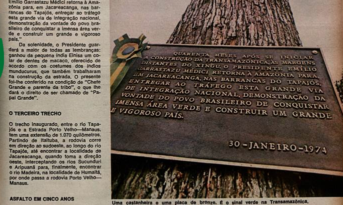 Placa em Jacareacanga marca inauguração da Transamazônica