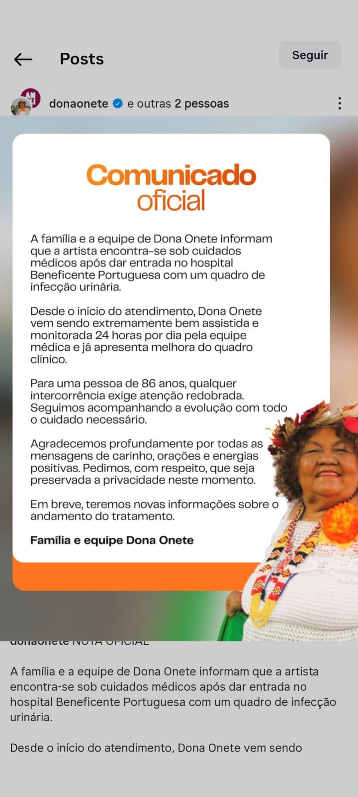 Dona Onety, do hit ‘No meio do pitiú’, é internada com quadro de infecção urinária