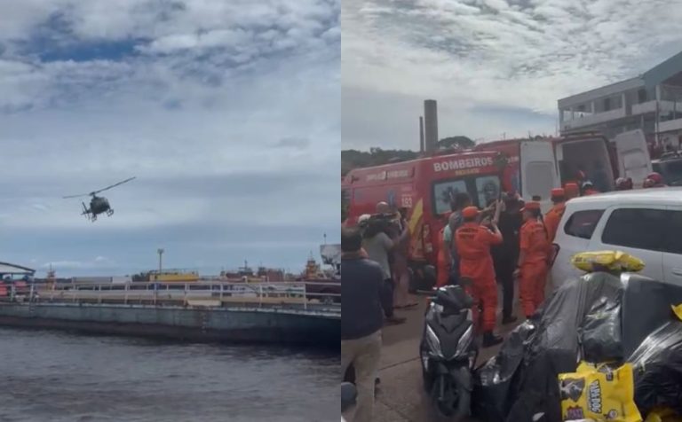 Criança resgatada de helicoptéro após naufrágio no Rio Solimões e levada para hospital