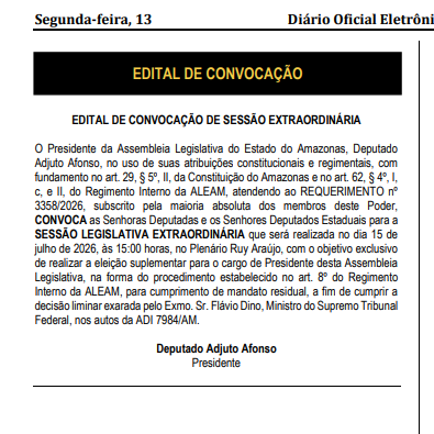 Aleam convoca sessão extraordinária para eleger novo presidente